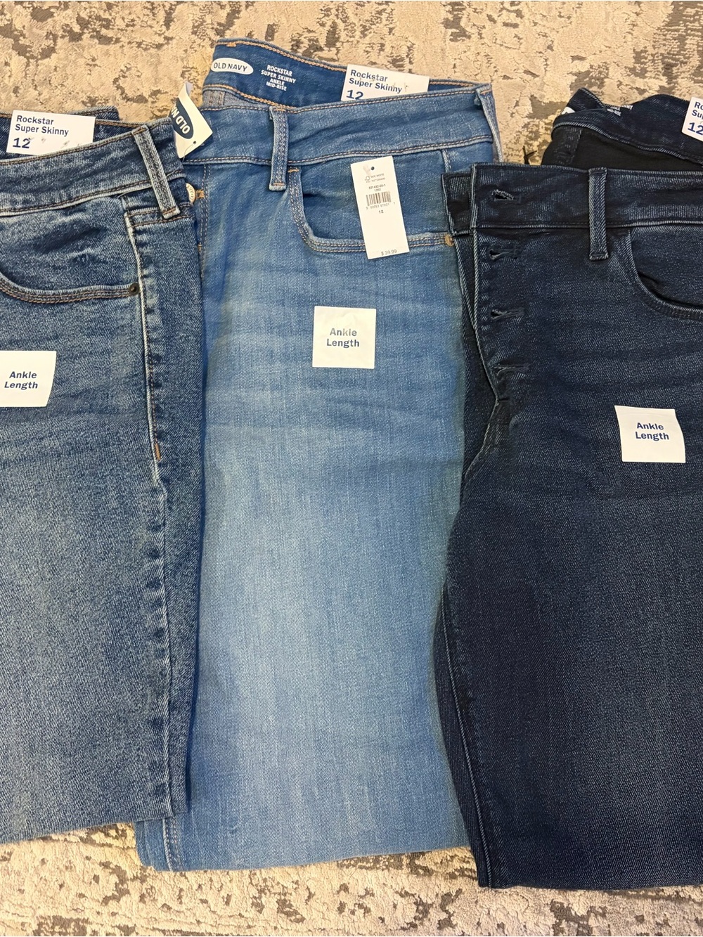 Old Navy women’s Rockstar Skinny Jeans - Light Blue, Medium Blue, Dark Blue
